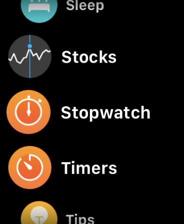 The List View screen on Apple Watch, showing five apps, with the Stopwatch and Timer apps in the centre of the screen. The first and last items are smaller, indented, and cropped by the top and bottom of the screen, to suggest they're scrollable.