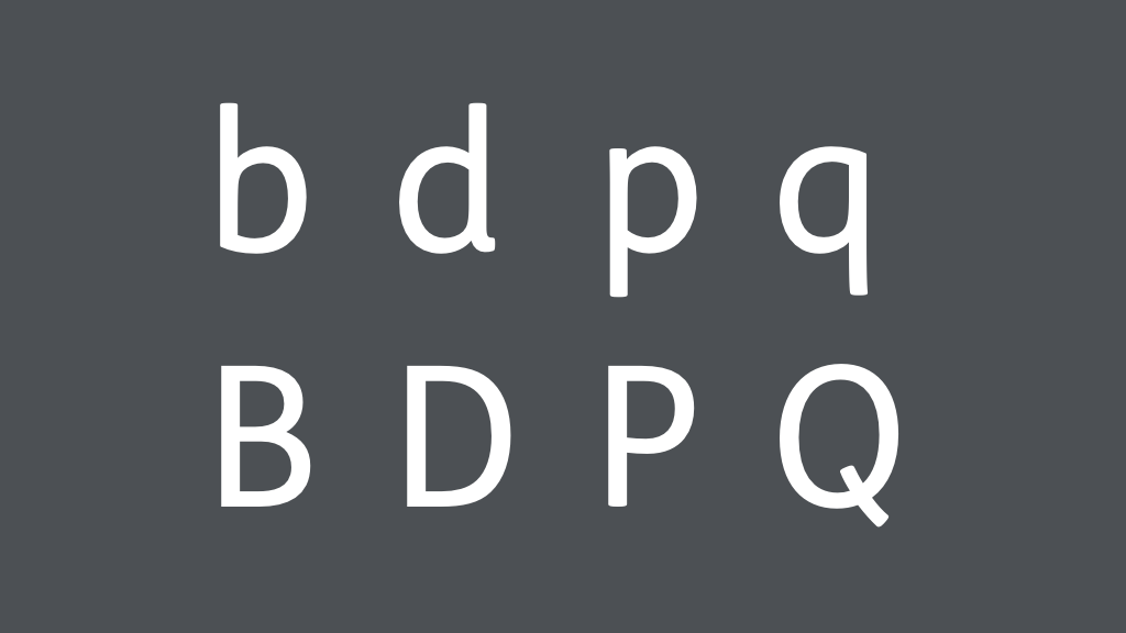 Lowercase d, b, p, and q in the FS-Me typeface, showing how each is distinct, followed by their uppercase equivalents.