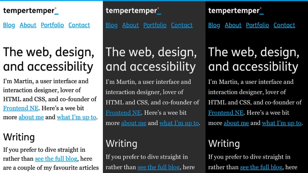 Three screenshots of the tempertemper.net homepage, showing Light Mode, Dark Mode, and the Increased Contrast version with white text on a black background.