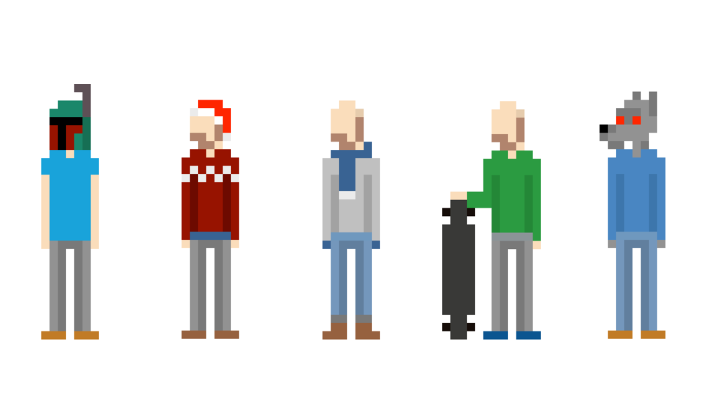 Five examples of my pixellated avatars, one with a Boba Fett (from Star Wars) helmet, one with a Christmas jumper, one with a scarf and gloves, one with a longboard, and one with a Halloween wolfman costume