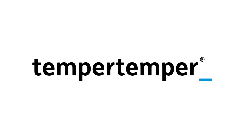 The redesigned tempertemper logo, set in FS-Me in black with a bright blue underscore immediately after the second r, against a white background