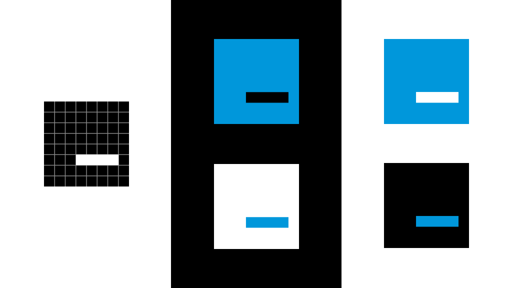 The new tempertemper icon in black on white, showing the 8 by 8 grid it was designed on; then coloured examples, first a blue square with a black underscore and a white square with a blue underscore on a black background, then a blue square with a white underscore and a black square with a blue underscore on a white background