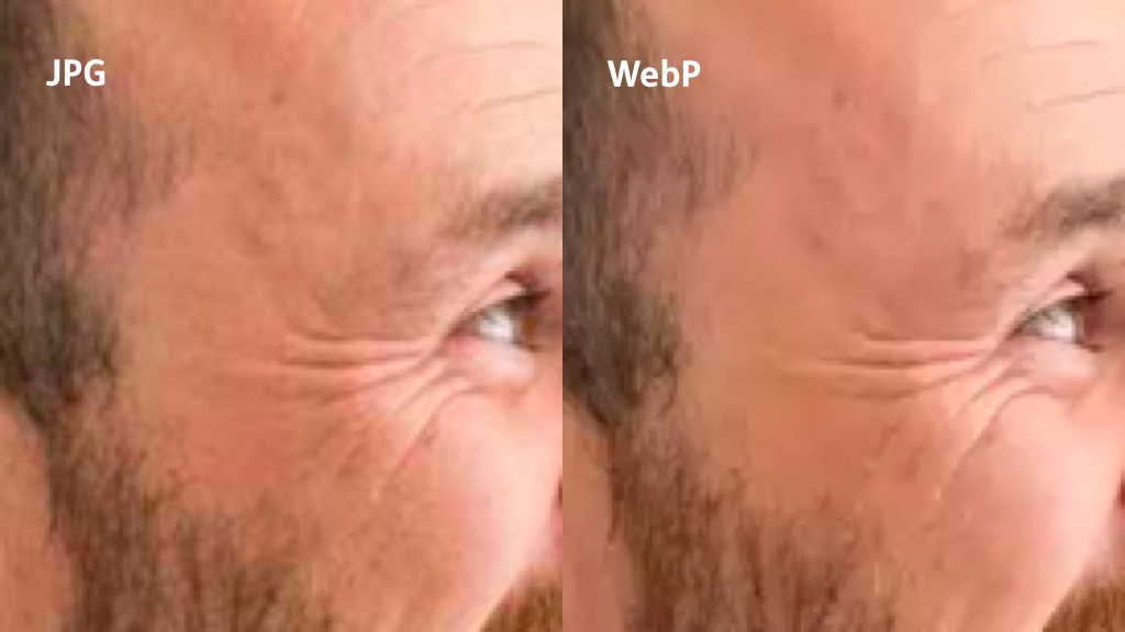 Two zoomed-in crops of my face, first the JPEG which shows more detail, then the WebP which shows slightly less detail.