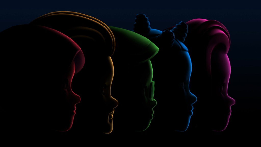 Five shadowy Memoji characters viewed in profile, each of their faces lit with a different colour: red, yellow, green, blue, then pink.