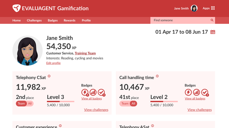 Gamification app home page, showing the agent's avatar, points and team as well as the challenges they're currently involved in