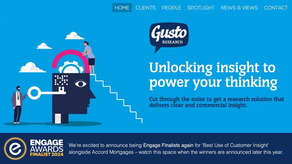 The Gusto website's homepage header area, which uses white heading text and white all-caps navigation text against a bright blue background.