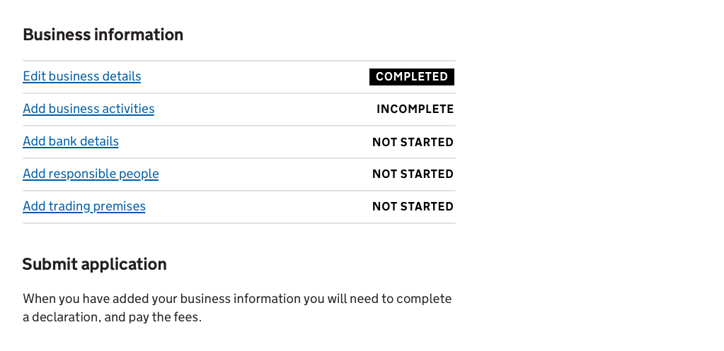 The task list pattern with black instead of blue, and 'Not started' instead of a blank space when the user hasn't stared a section