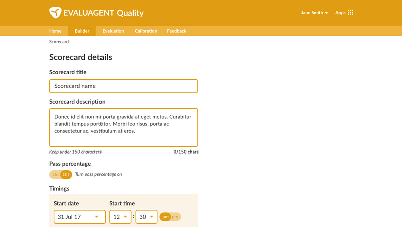 The Quality app's scorecard builder, showing a part-built scorecard with details such as pass percentage, start and end dates