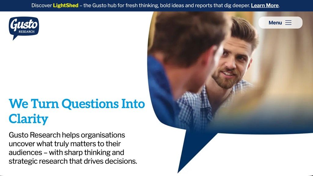 The Gusto website's homepage header area, which uses bright blue heading text against a white background, and very dark blue for other text on white.