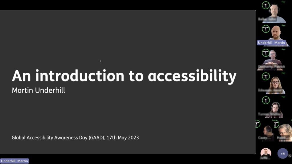 A Teams meeting showing a slide for the introduction to accessibility, some people down the side, and +91 in the corner.