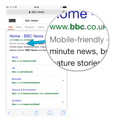 Screenshot from mobile phone showing 'mobile friendly' marker in search results